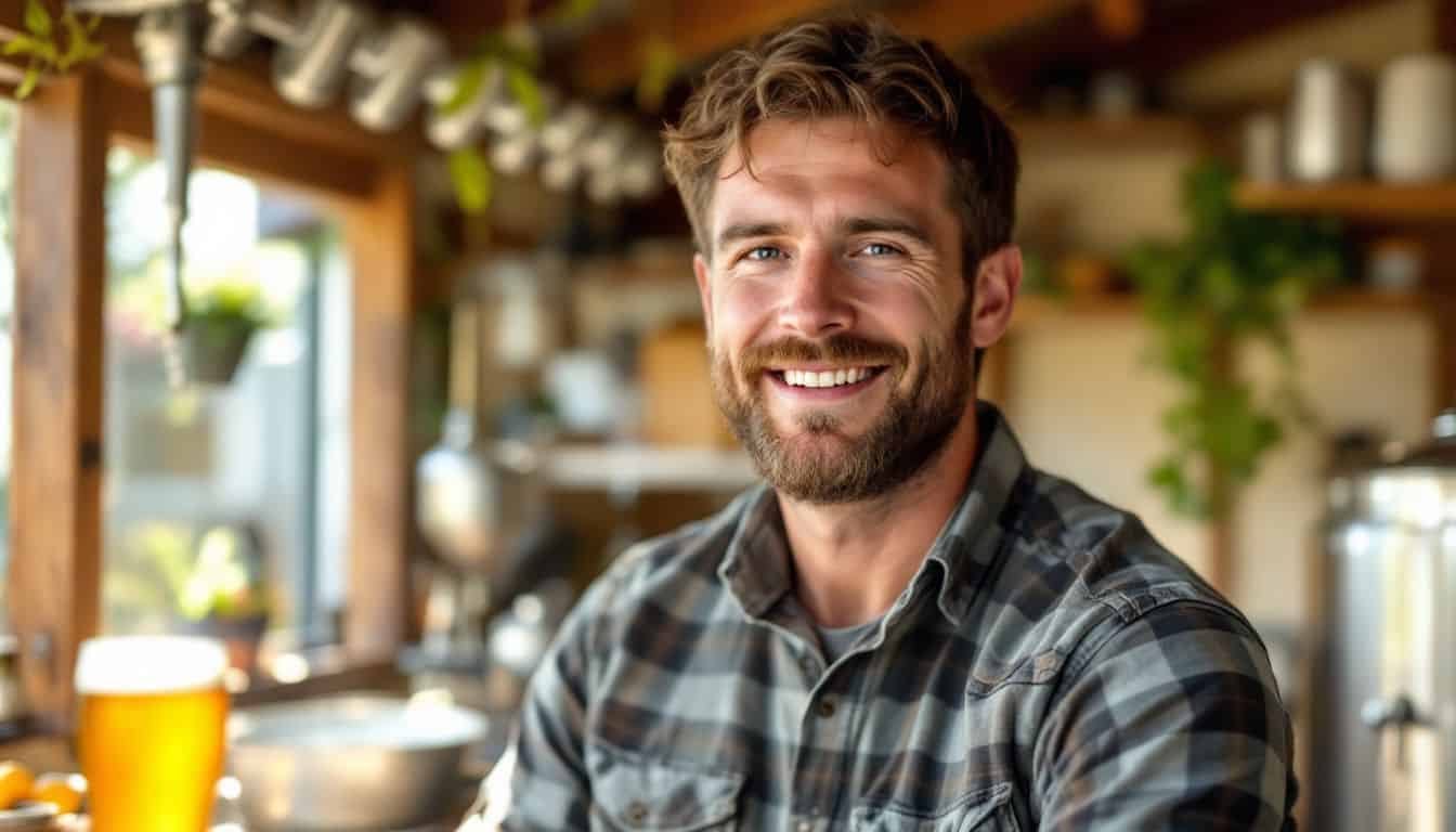 A man brews beer in his backyard garden shed.