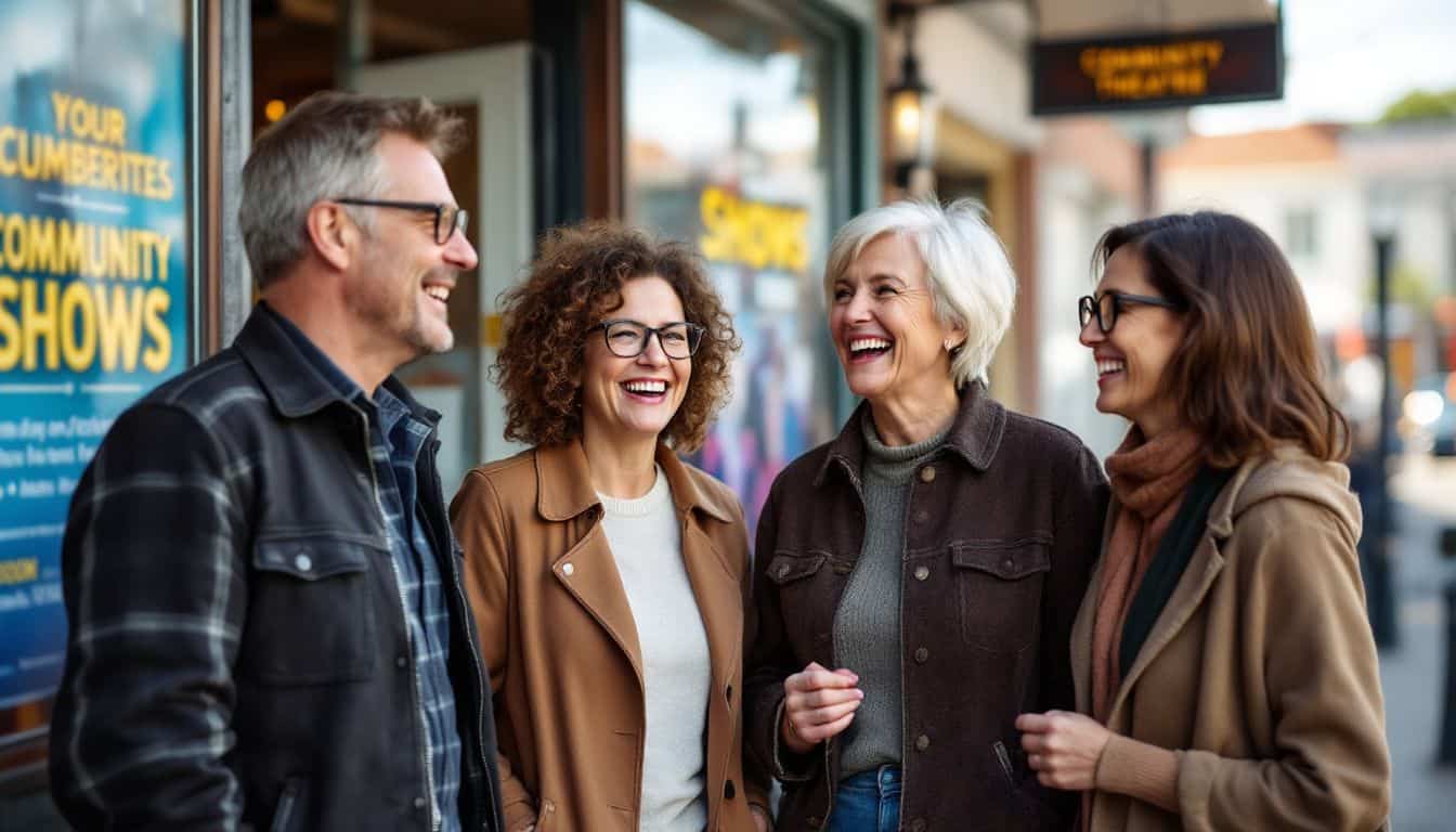 Four friends chatting and laughing outside a theater.