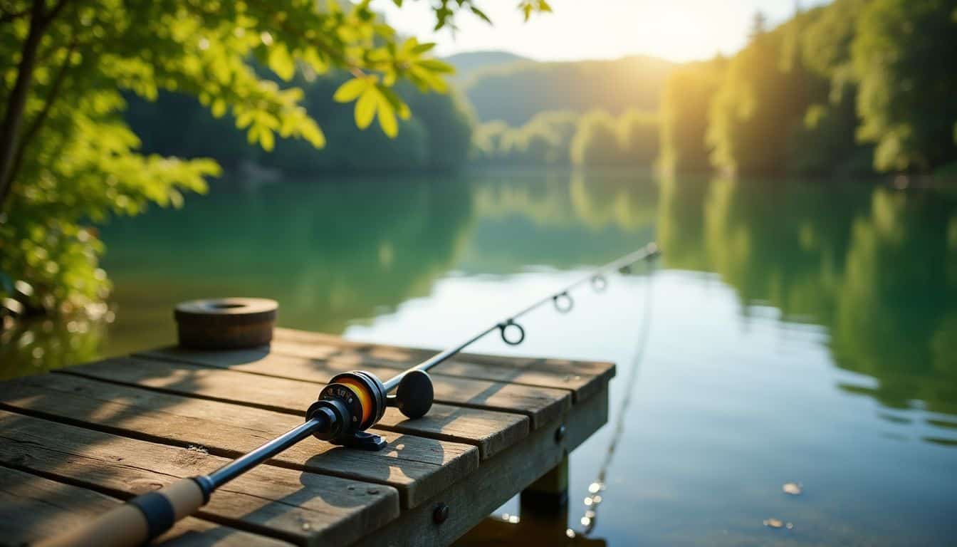 A fishing rod on a weathered dock by a serene lake.