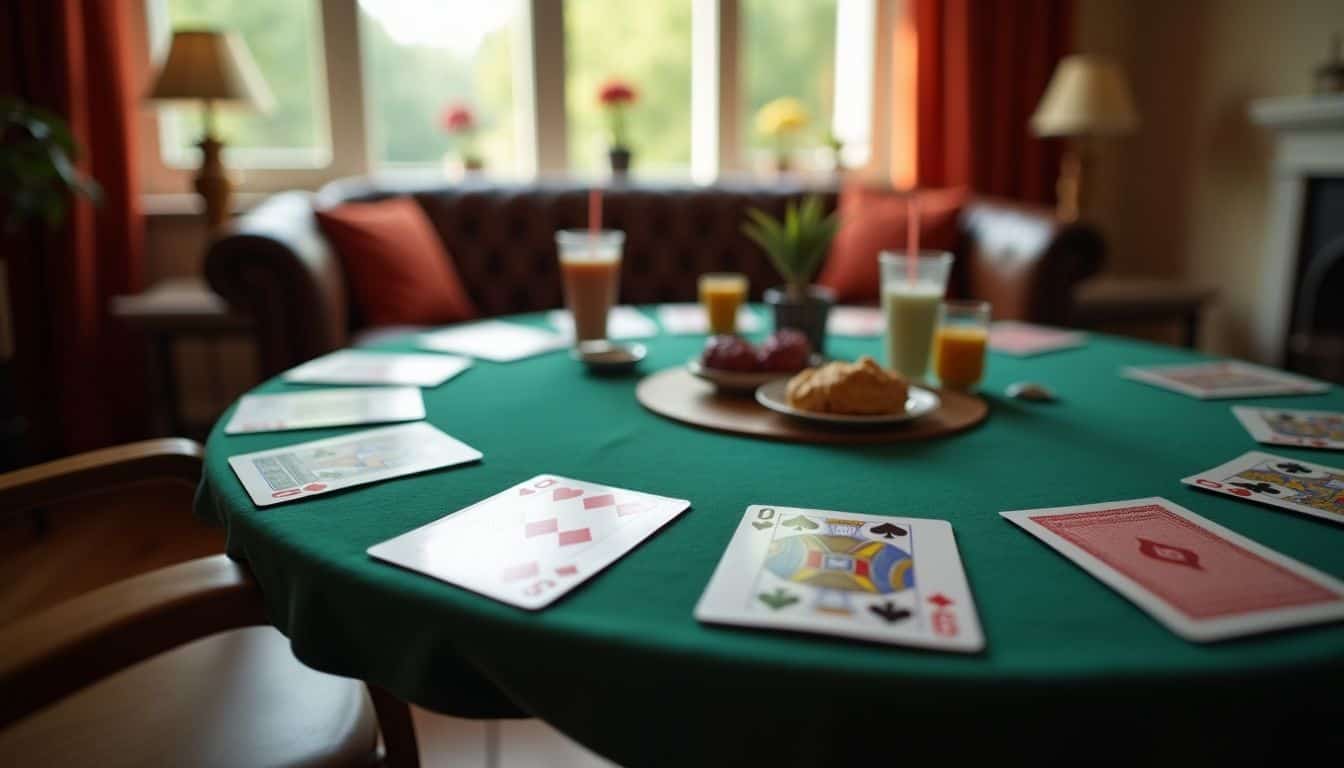 A cozy living room set up for a weekly poker night.