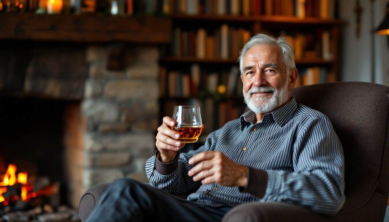 An older man enjoying whiskey by the fireplace in a cozy setting.