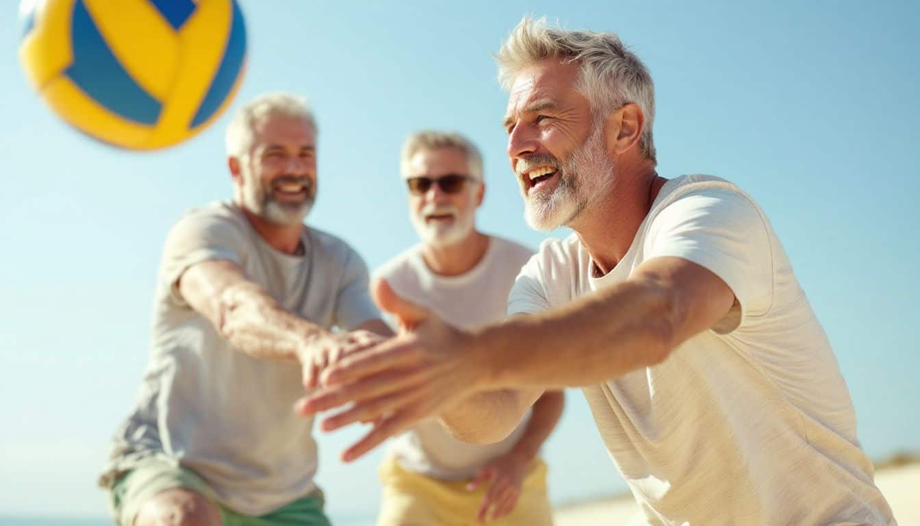 Three middle-aged men playing volleyball on a sunny beach.