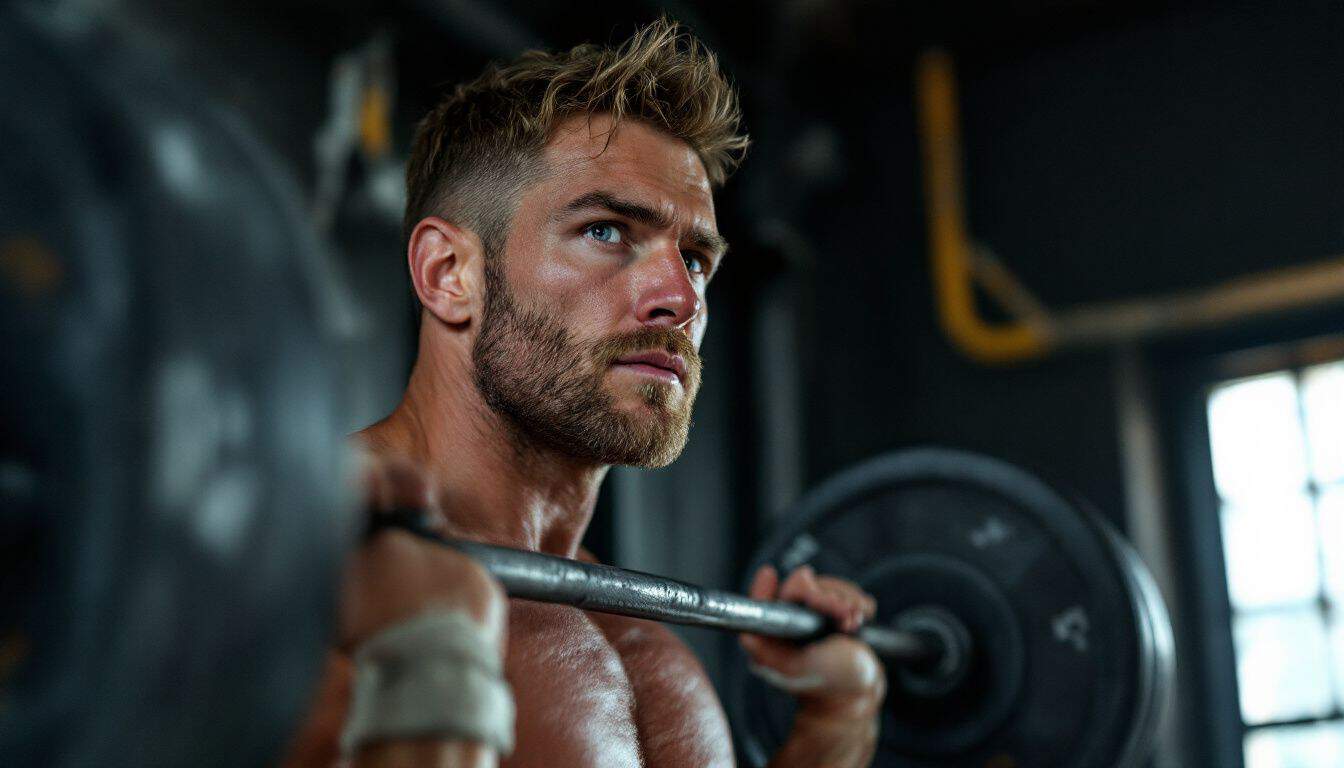 A man in his 30s powerlifting heavy weights with determination in a gritty gym.