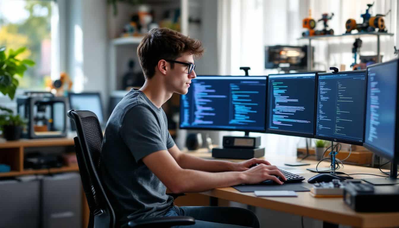 A young adult working in a technology-focused home office.