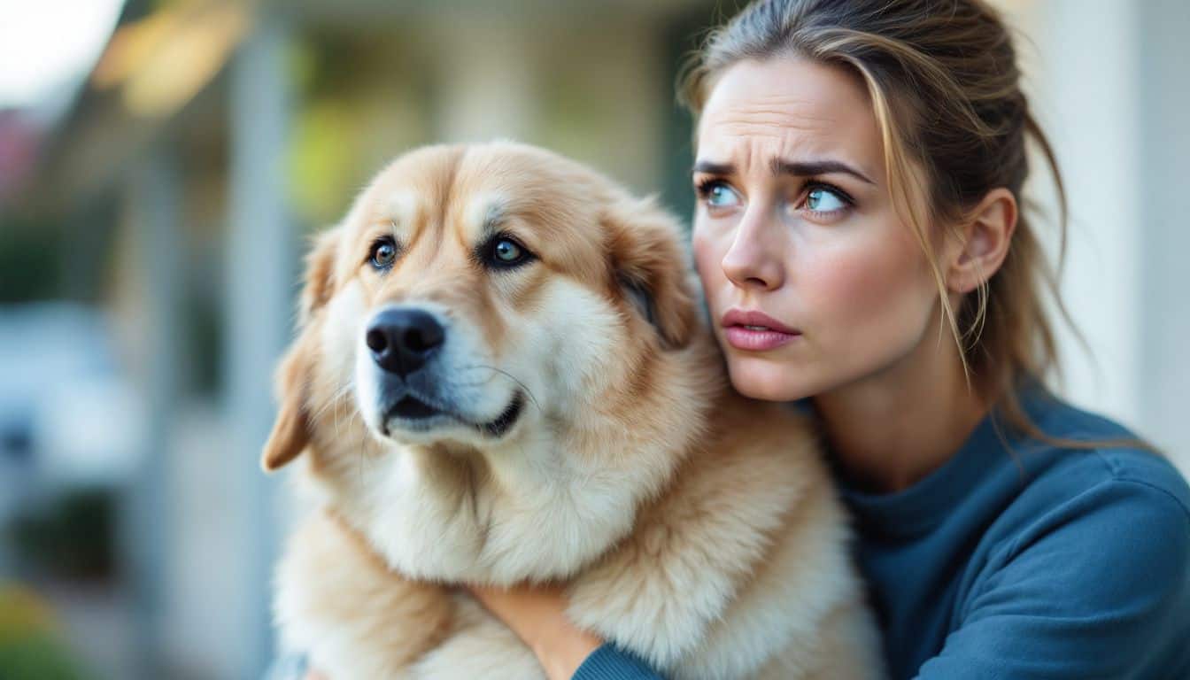 Une femme transportant son chien au ventre gonflé vers un hôpital vétérinaire d’urgence.