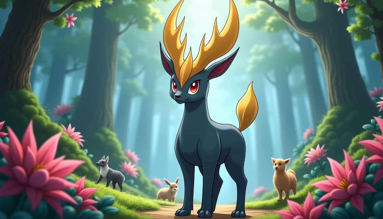 Arceus, the supreme Pokémon deity, standing in a vibrant ancient forest.