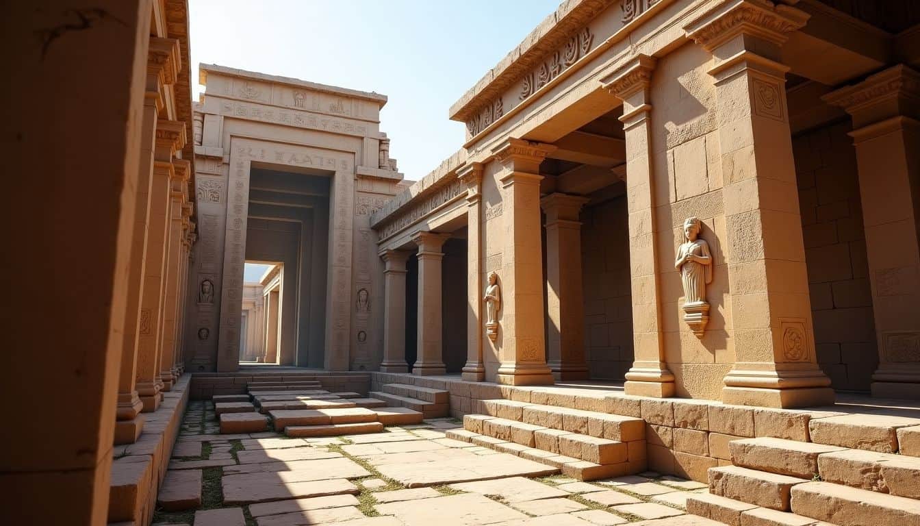 The photo shows ancient temple ruins with detailed carvings of divine symbols.