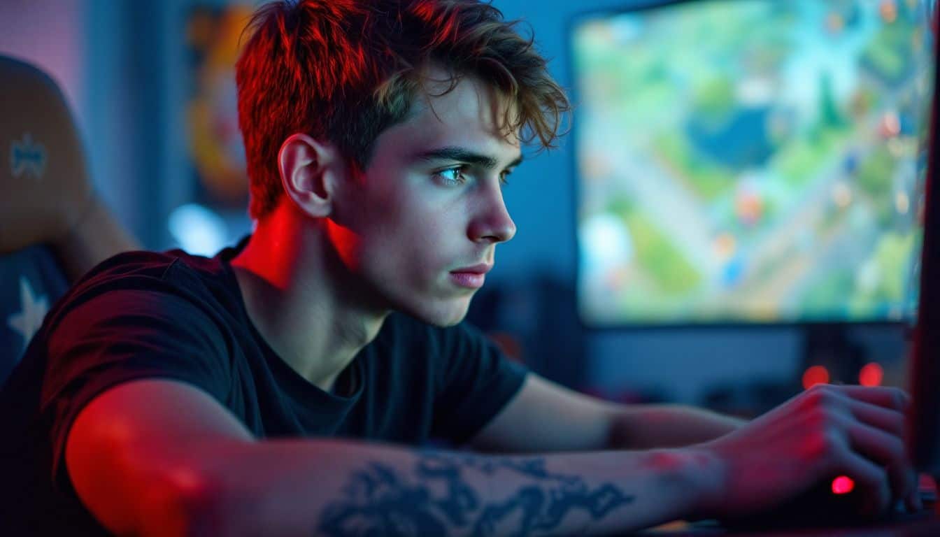 A young male gamer, focused on screen, with a Hermes tattoo.