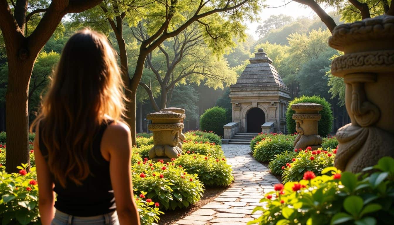 An ancient Aztec-inspired garden with stone sculptures and vibrant flowers.