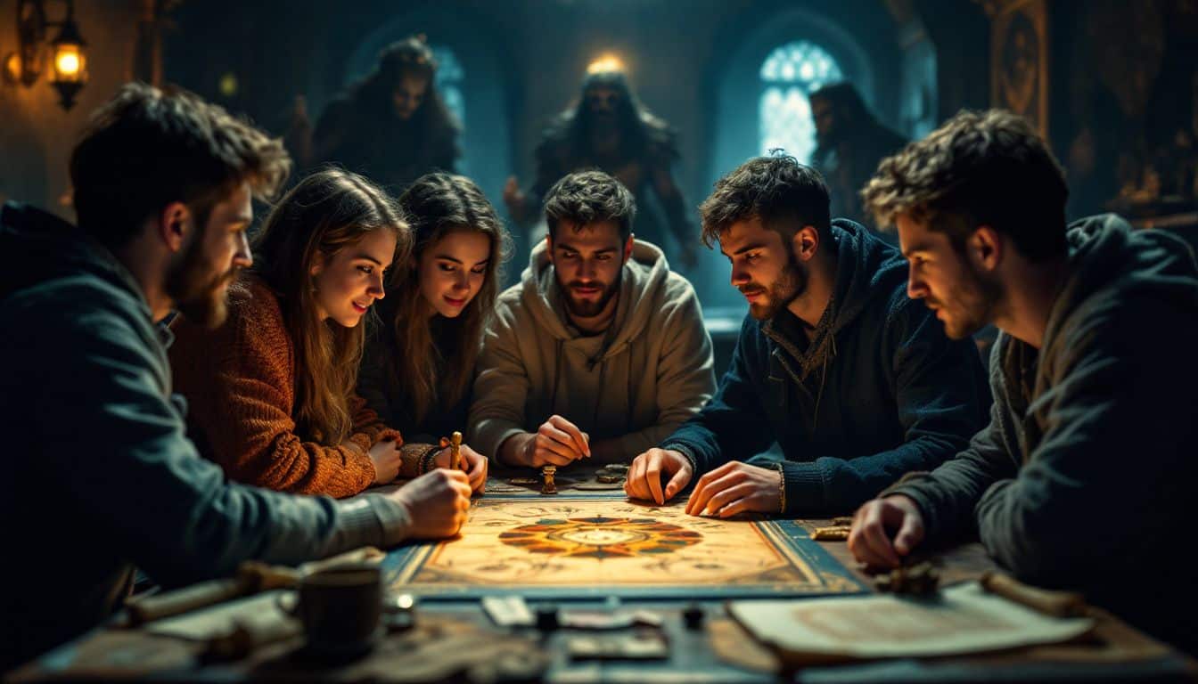 Five teenagers playing a strategic board game with a mystical theme.