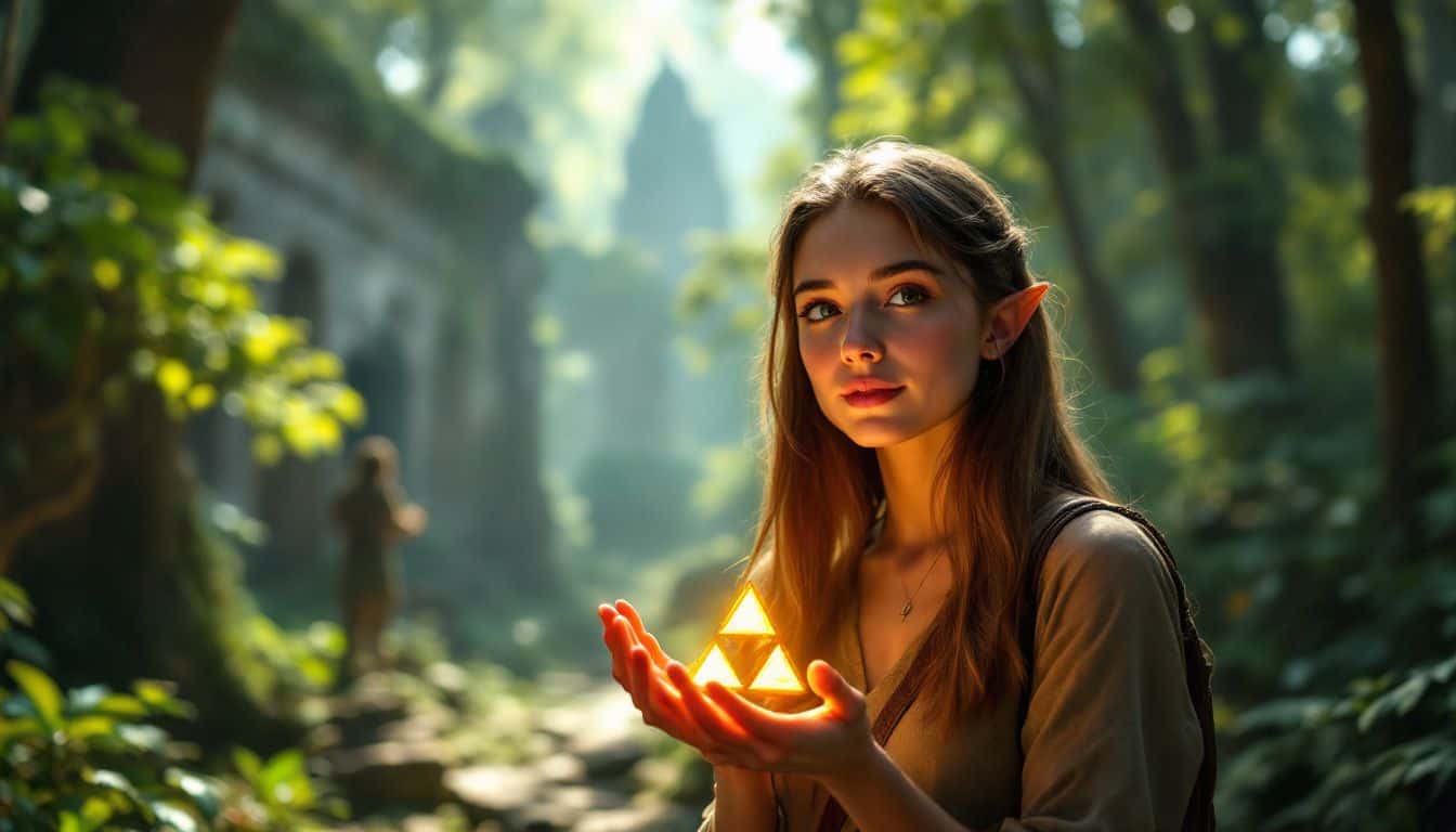 A young woman holding a glowing Triforce symbol in a mystical forest.