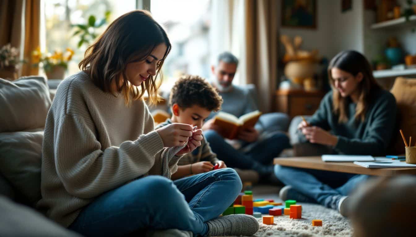 A diverse group of people in a cozy living room enjoying hobbies.