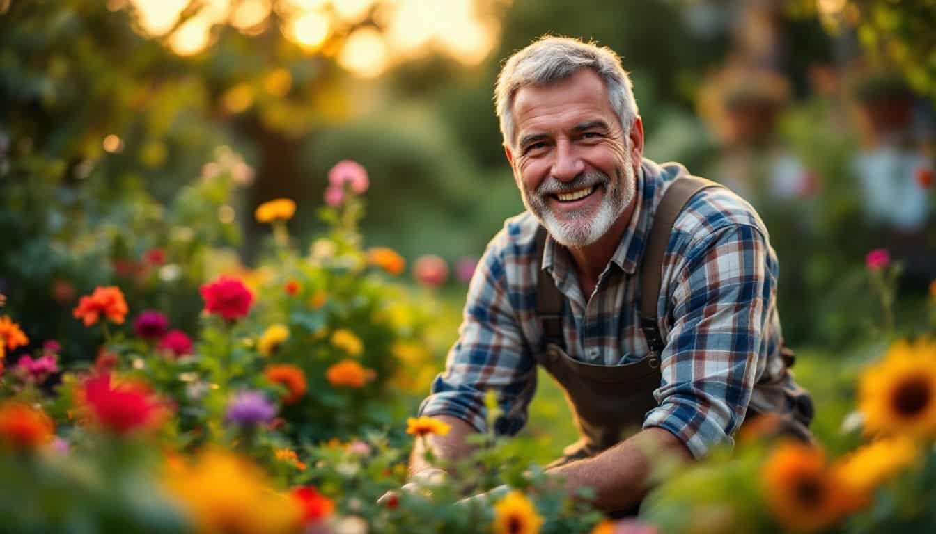 A middle-aged man tends to his vibrant garden with a smile.