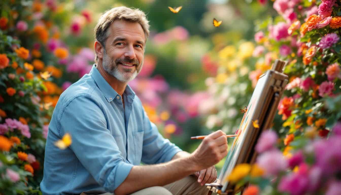 A man in his 40s painting in a colorful garden.