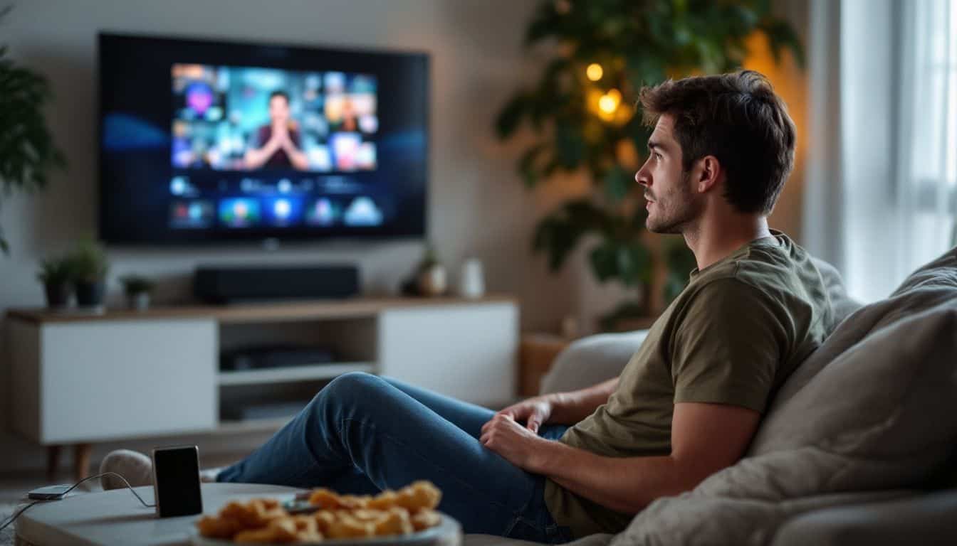 A person watching TV in a cozy living room with snacks.