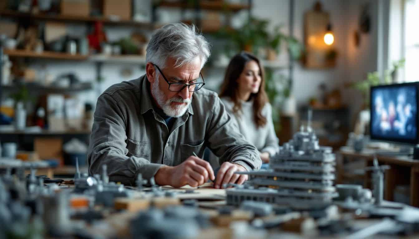 An older man assembles a scale model while a young woman relaxes in the living room.