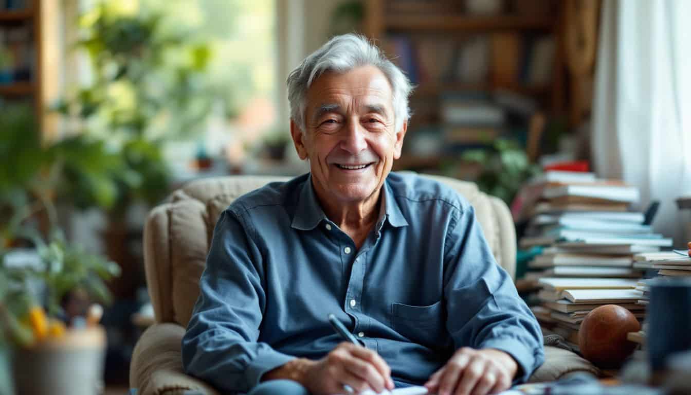 An elderly man sitting in a cluttered living room enjoying his hobbies.