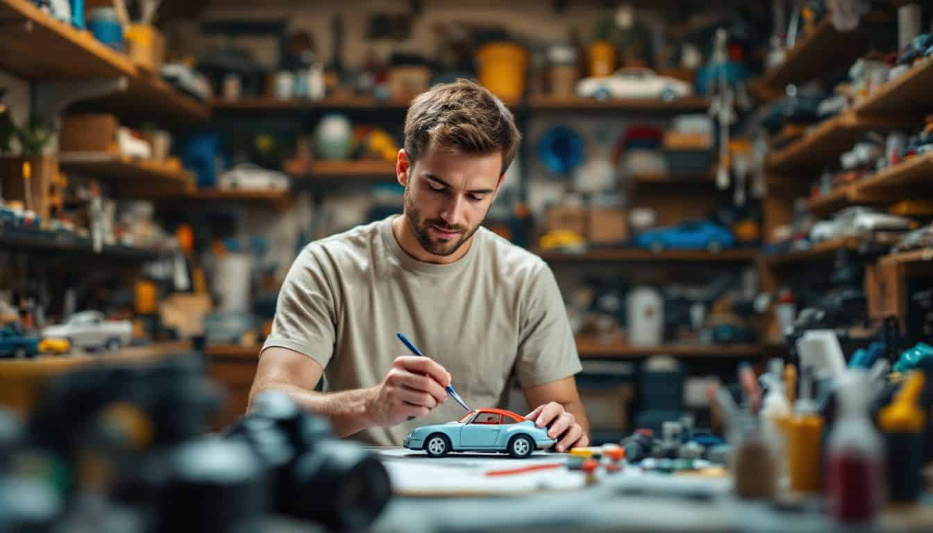 A person paints a model car in a cluttered, creative workshop.