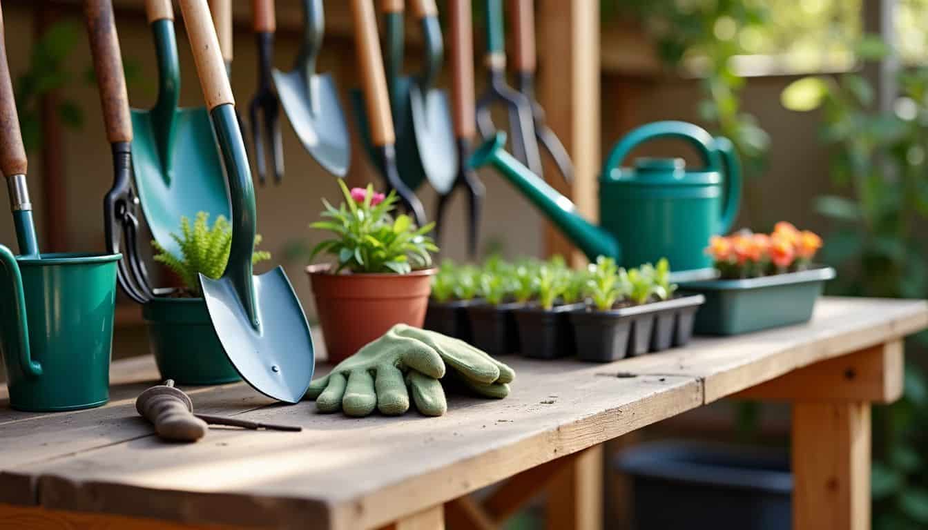 A variety of gardening tools and equipment arranged on a wooden workbench.