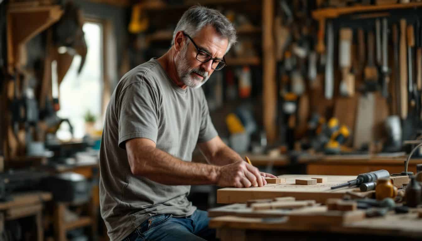 A middle-aged man focuses on woodworking project in cluttered workshop.