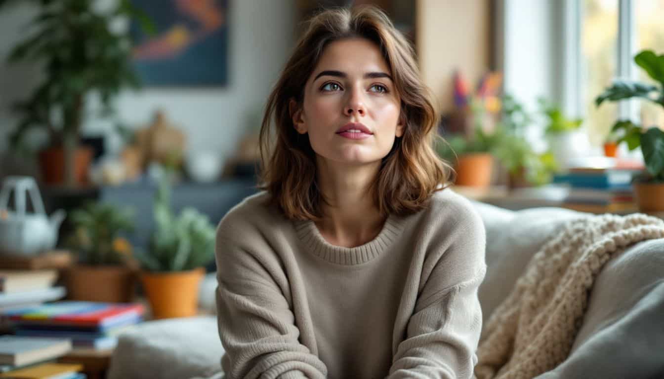 A woman in her 30s, surrounded by hobby supplies, sits thoughtfully in her cozy living room.