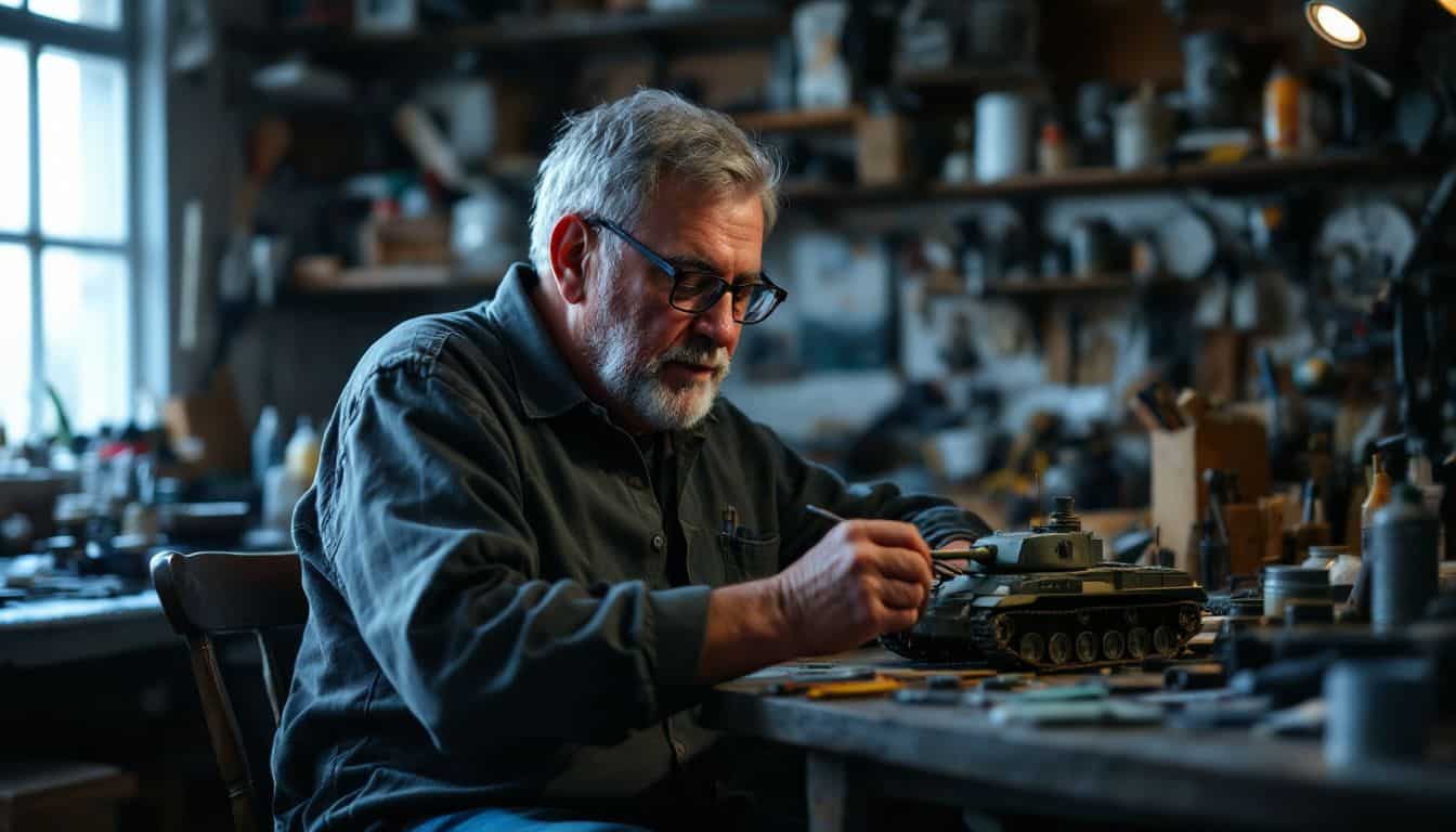 A retired man paints a miniature WWII tank in his basement workshop.