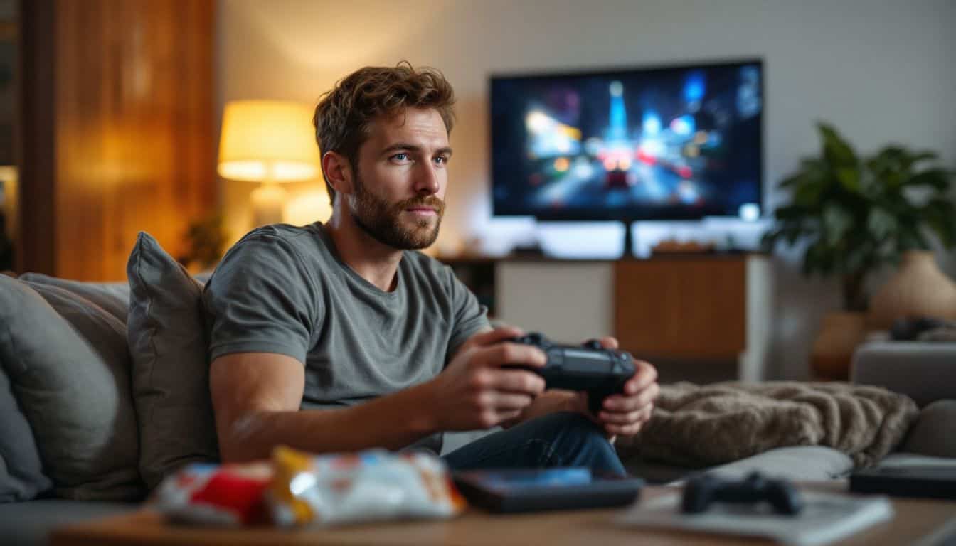 A man in his 30s is playing video games on a cozy couch.