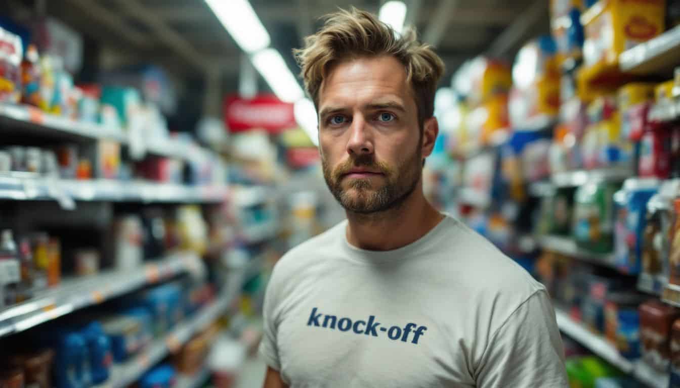 A man in a discount store wearing a humorous misspelled t-shirt.