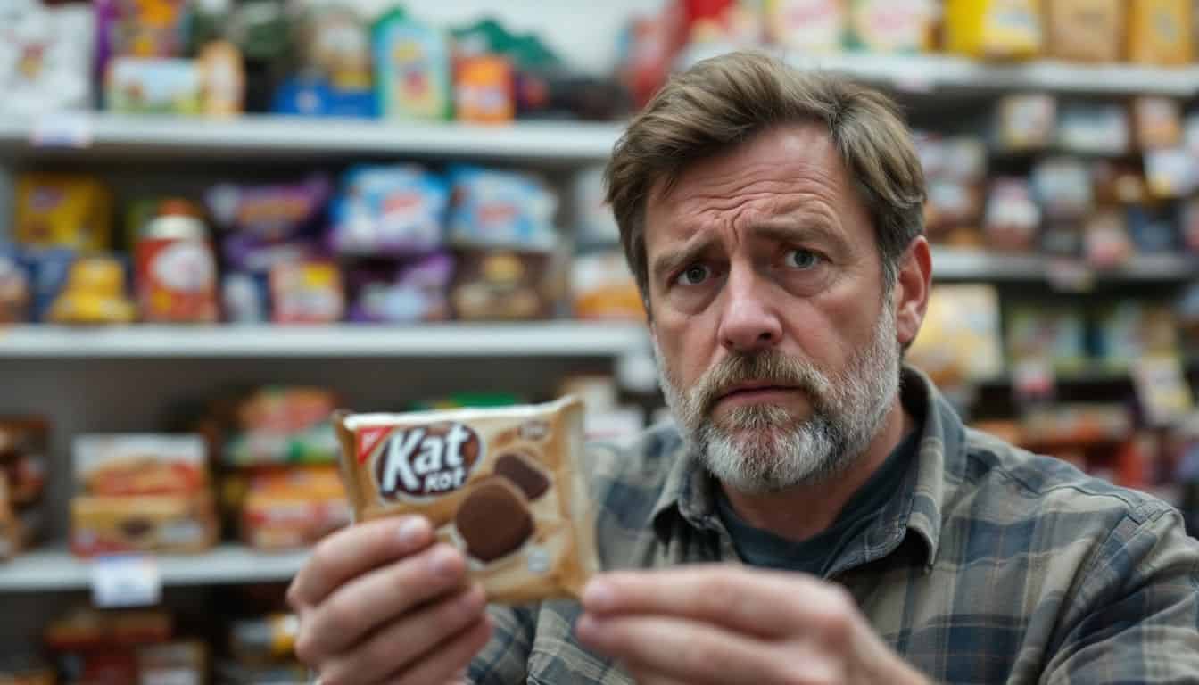 A disappointed man holding a knock-off chocolate wafer in a store.