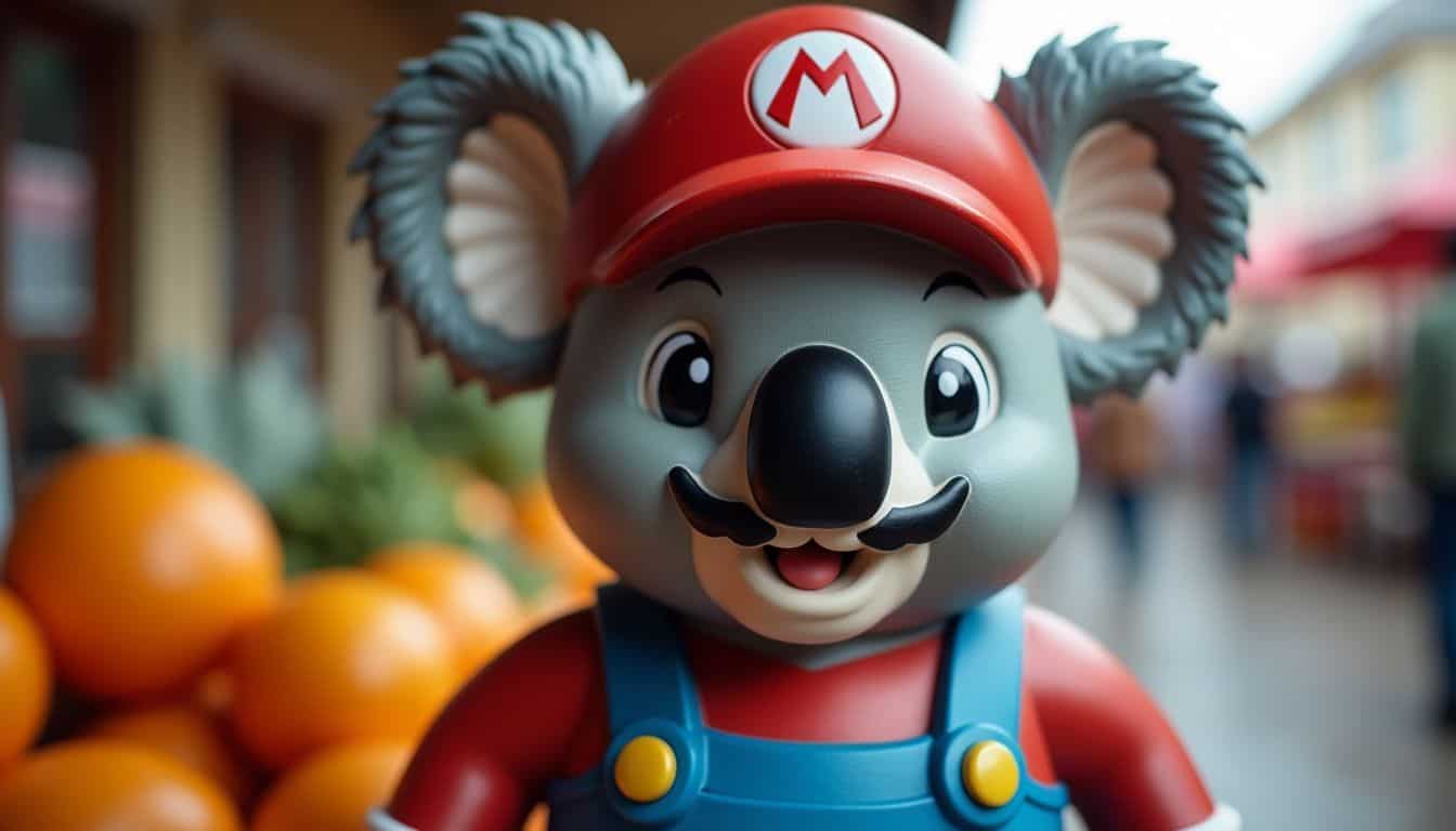 A koala statue dressed as Mario from Nintendo at a local market.