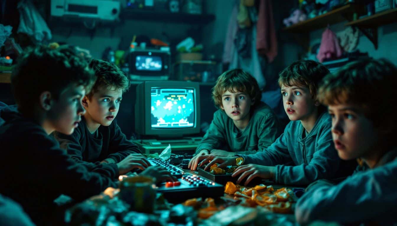 A group of children playing a space mining game on old computers.