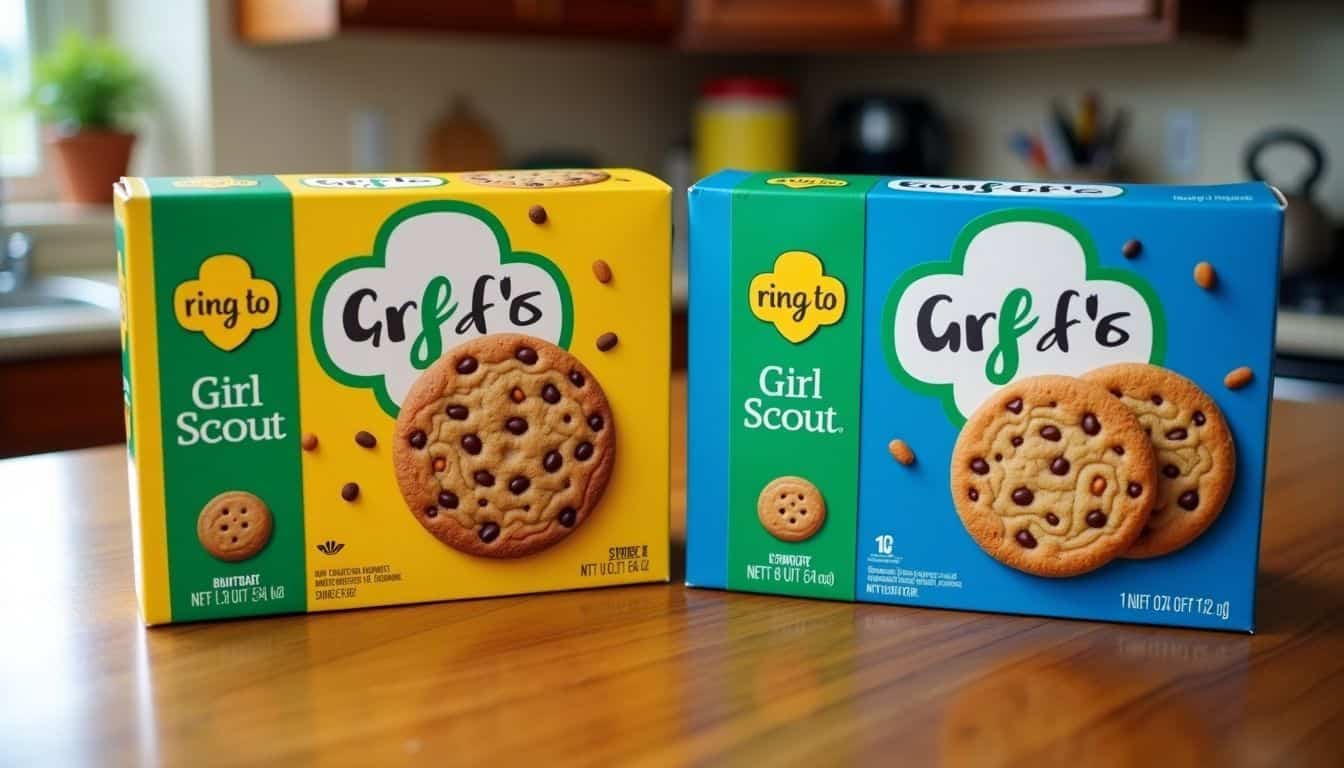 A comparison of original and knockoff Girl Scout cookie boxes.