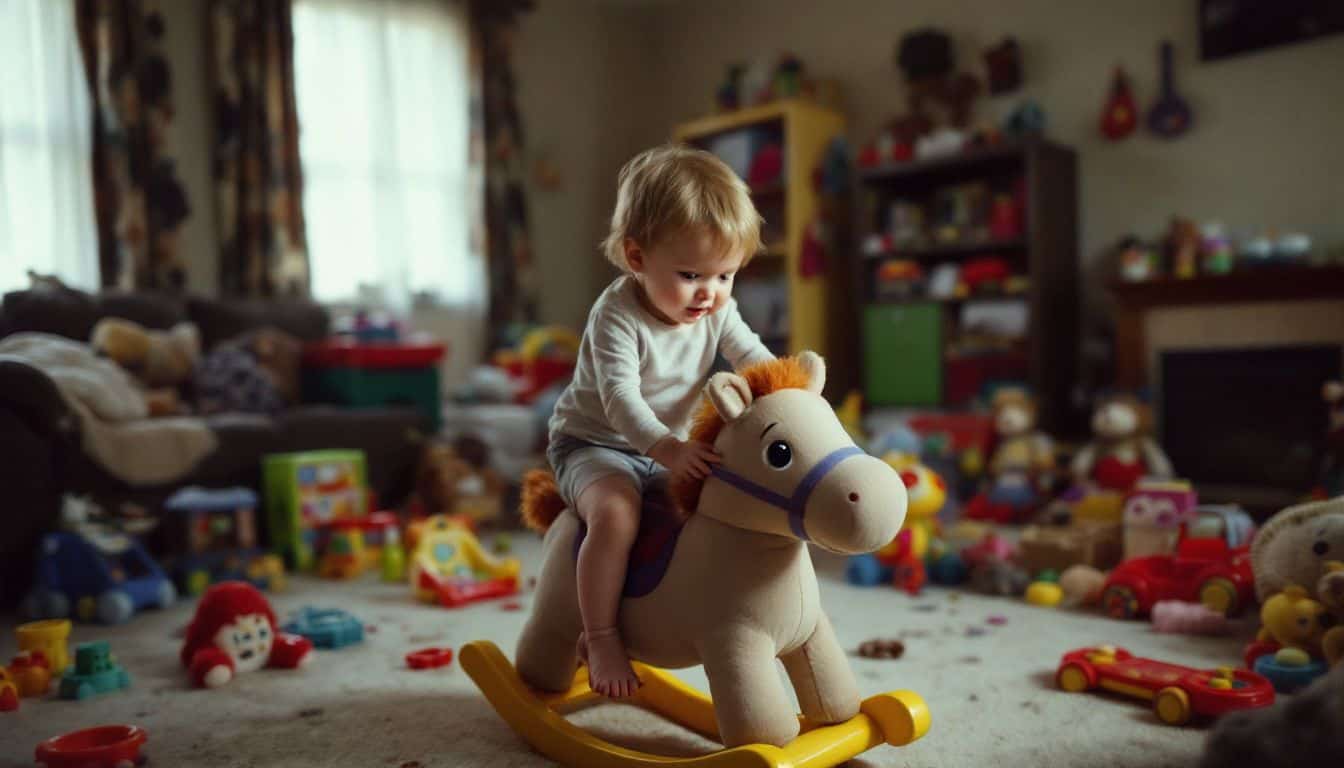 A child plays on a rocking horse in a cluttered living room.