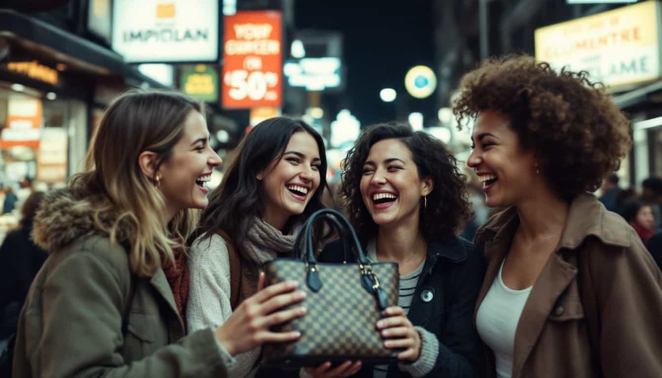 Four friends laughing with poorly copied designer handbag in urban area.