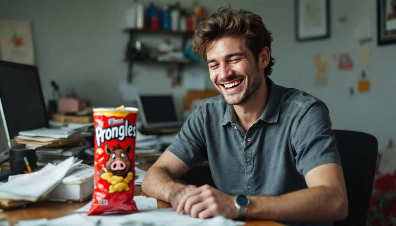 A person laughs at a messy desk with Prongles chips.