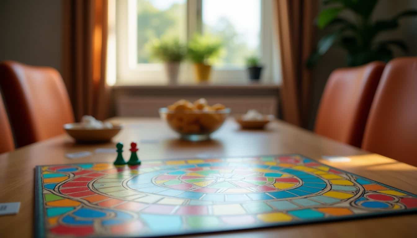 A tabletop with a colorful board game, chairs, and snacks.