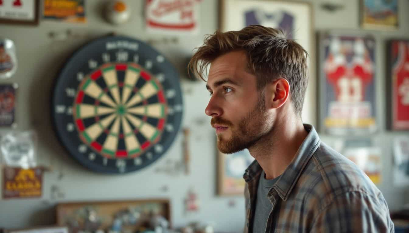 A man in his late 20s playing darts in a cozy basement.