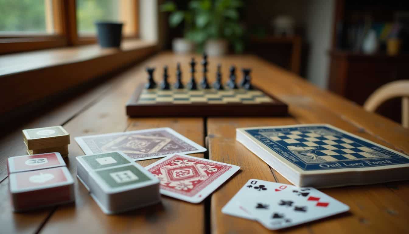 A rustic wooden table with various offline games.