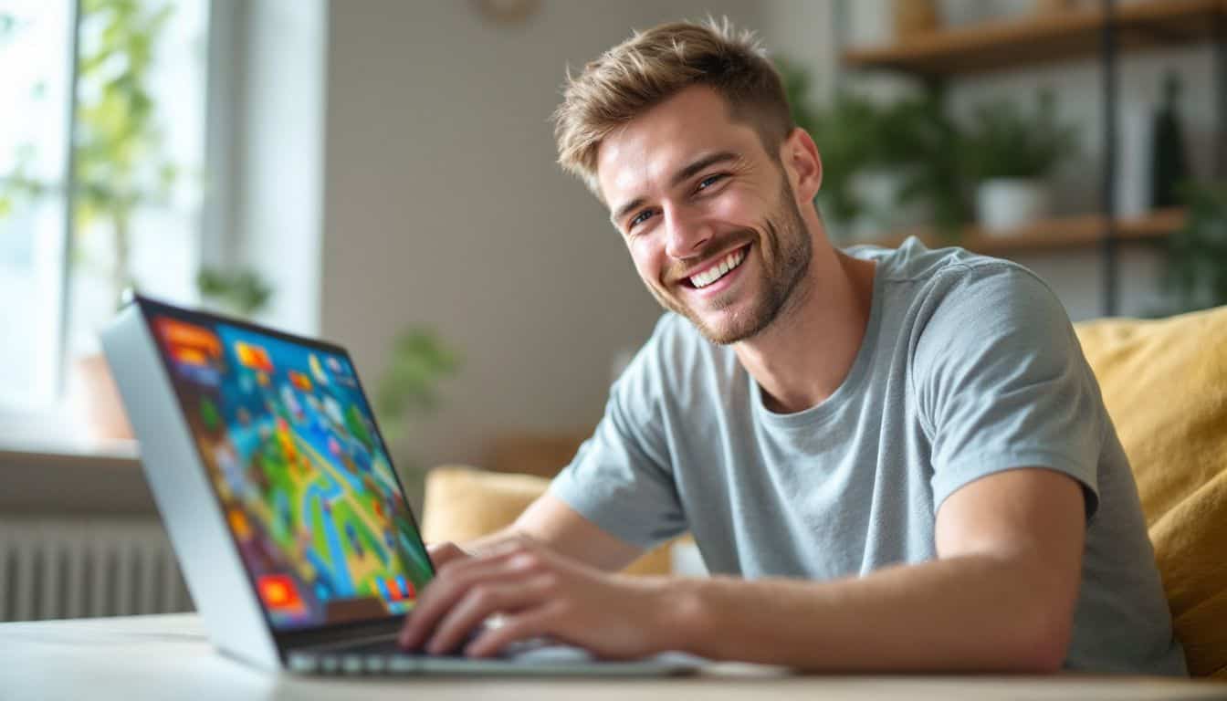 A young man is happily playing an online game on his laptop.