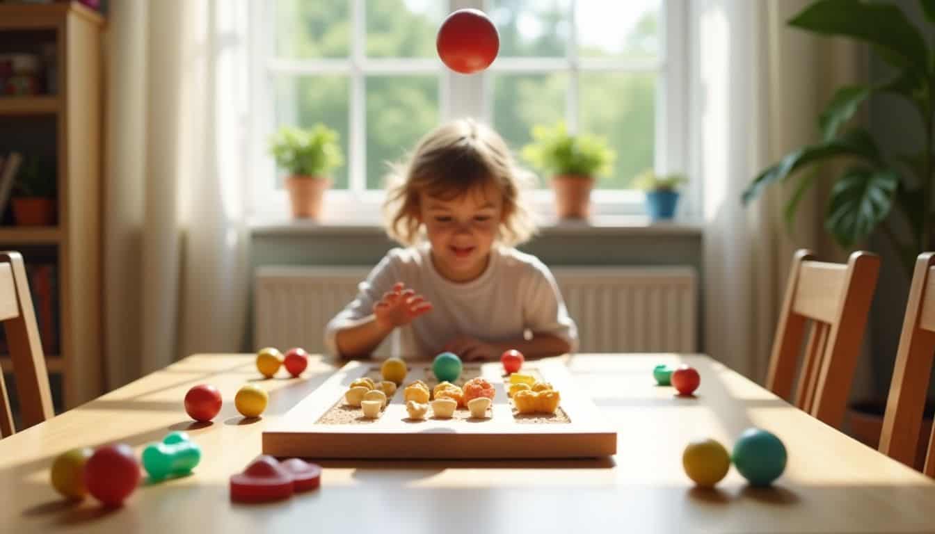 A cozy room with a table set up for a bouncing ball game.