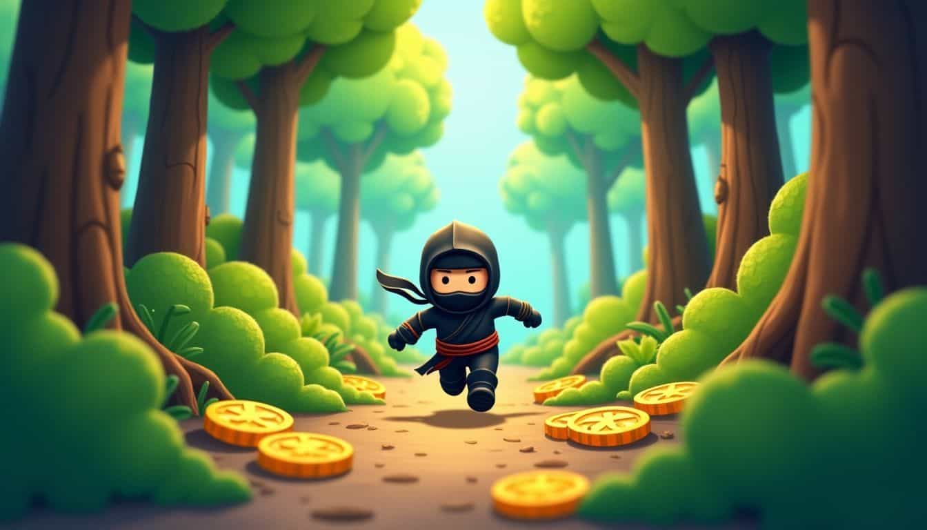 A ninja collects coins while navigating through a colorful jungle.