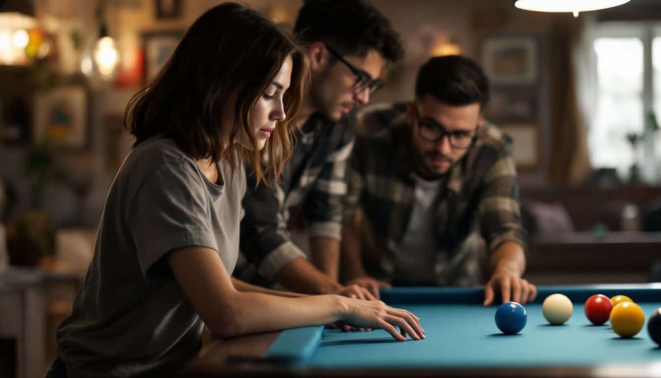 Group of friends in their 20s playing 8-ball pool in a basement.