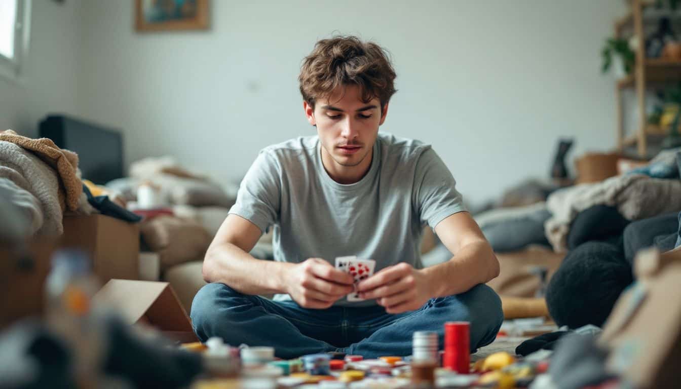 A person in their 20s plays a solitary card game in a cluttered living room.