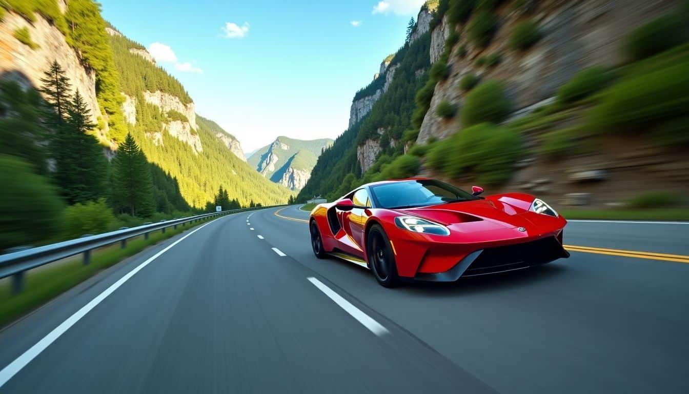 A red sports car races along a winding mountain road.