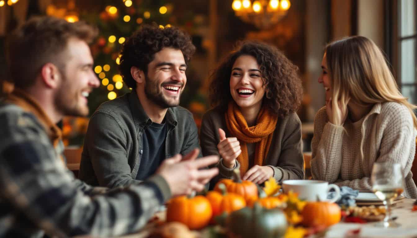 Four friends enjoying a Thanksgiving dinner and playing games together.