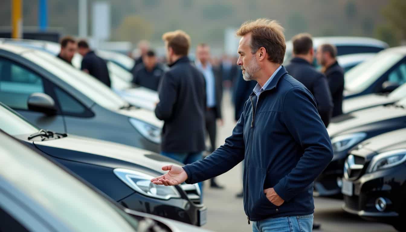 A middle-aged man examines used cars at a busy wholesale market.