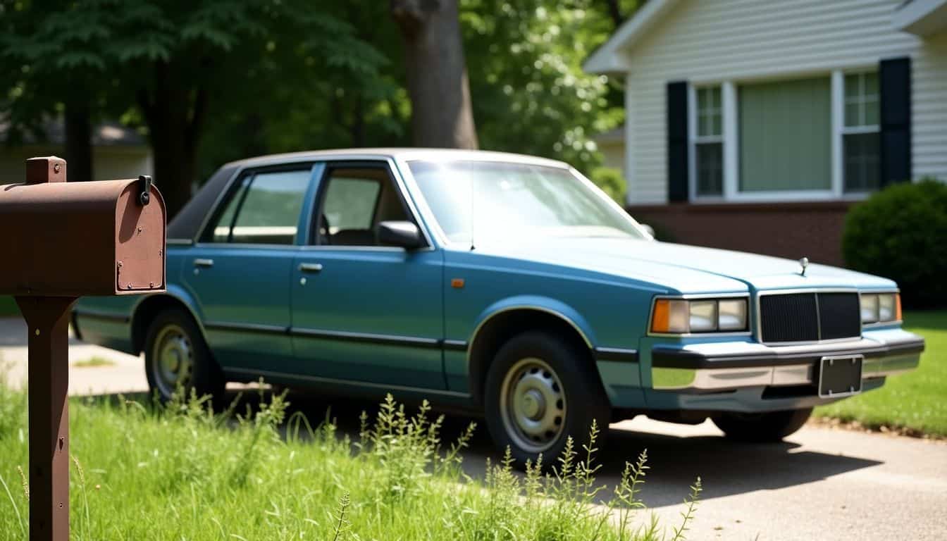 A faded blue sedan parked in overgrown driveway with rusty mailbox.