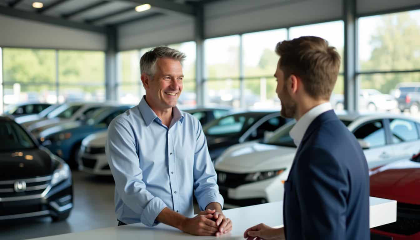 A man is talking to a car dealer in a busy showroom.