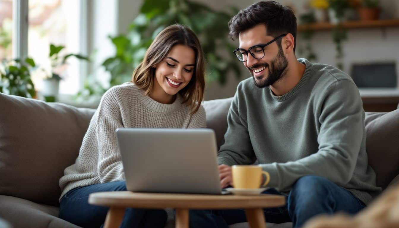 A couple researching affordable car models on a laptop in a cozy living room.