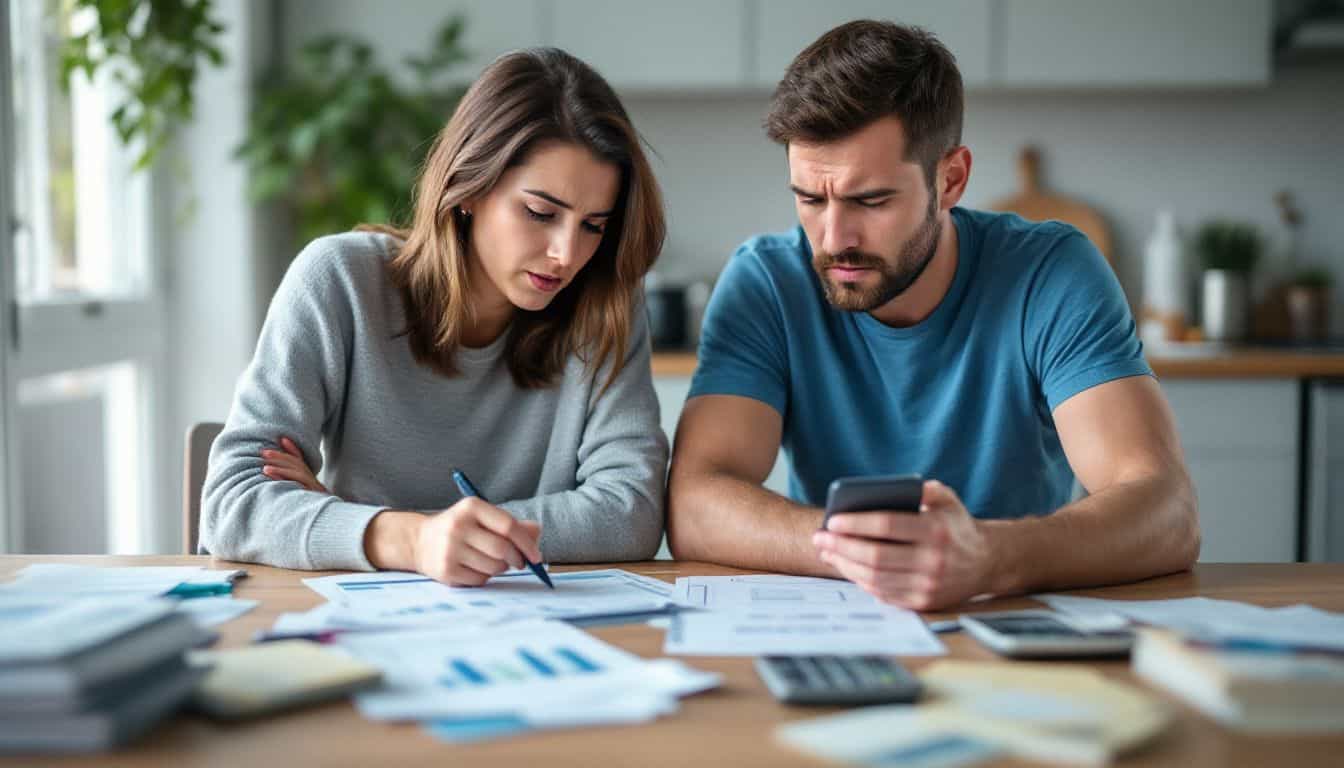 A couple in their 30s is stressed while discussing finances at a cluttered kitchen table.